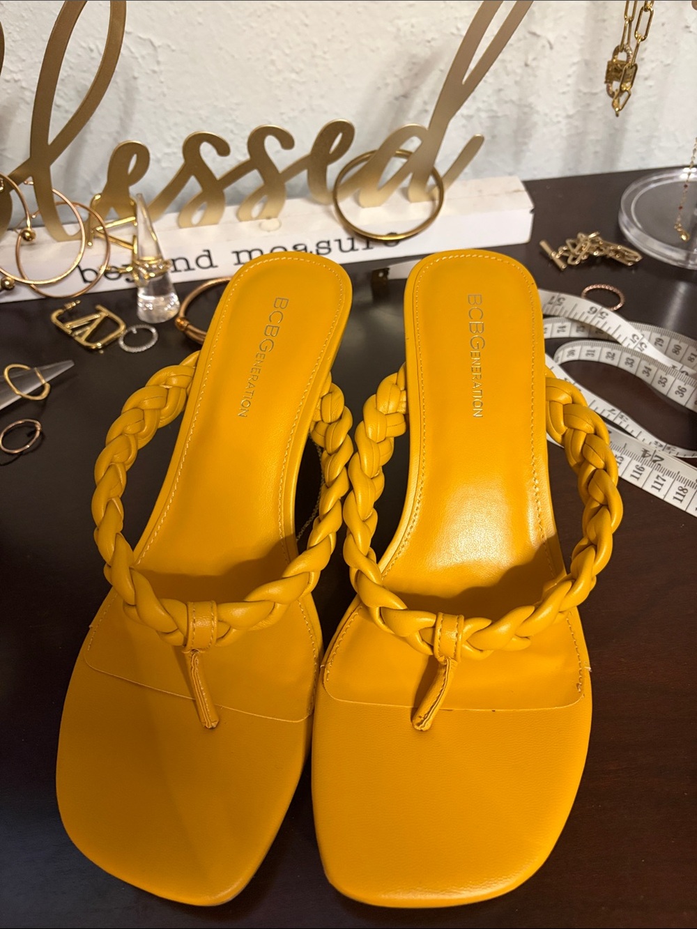 BCBGeneration Braided Strap Mustard Yellow Slide Sandals